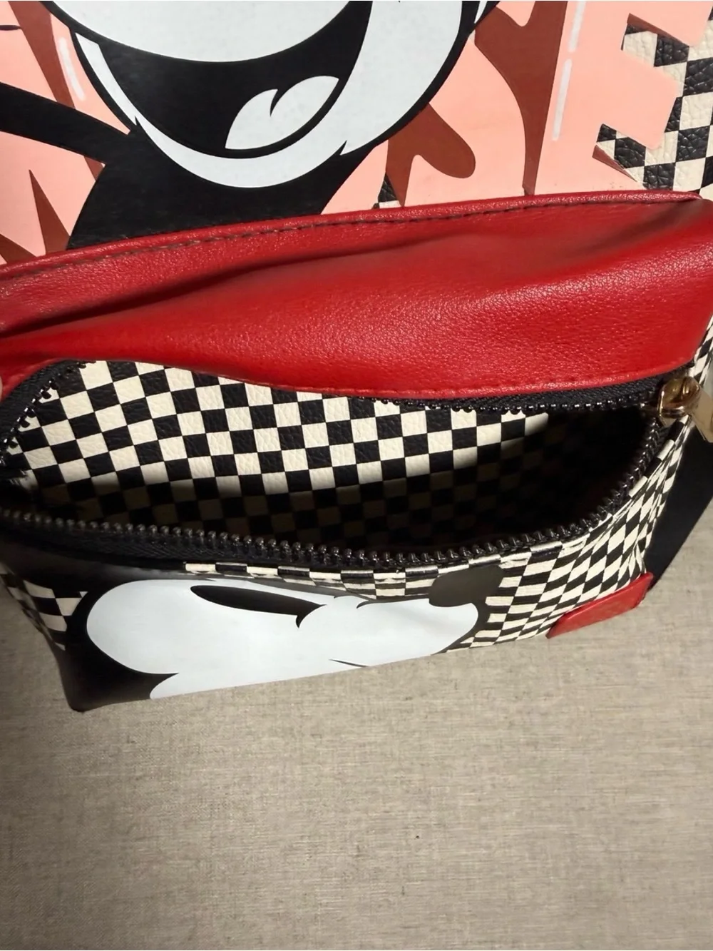 Checkered Mickey Mouse Mini Backpack - Black/White with Red Pocket